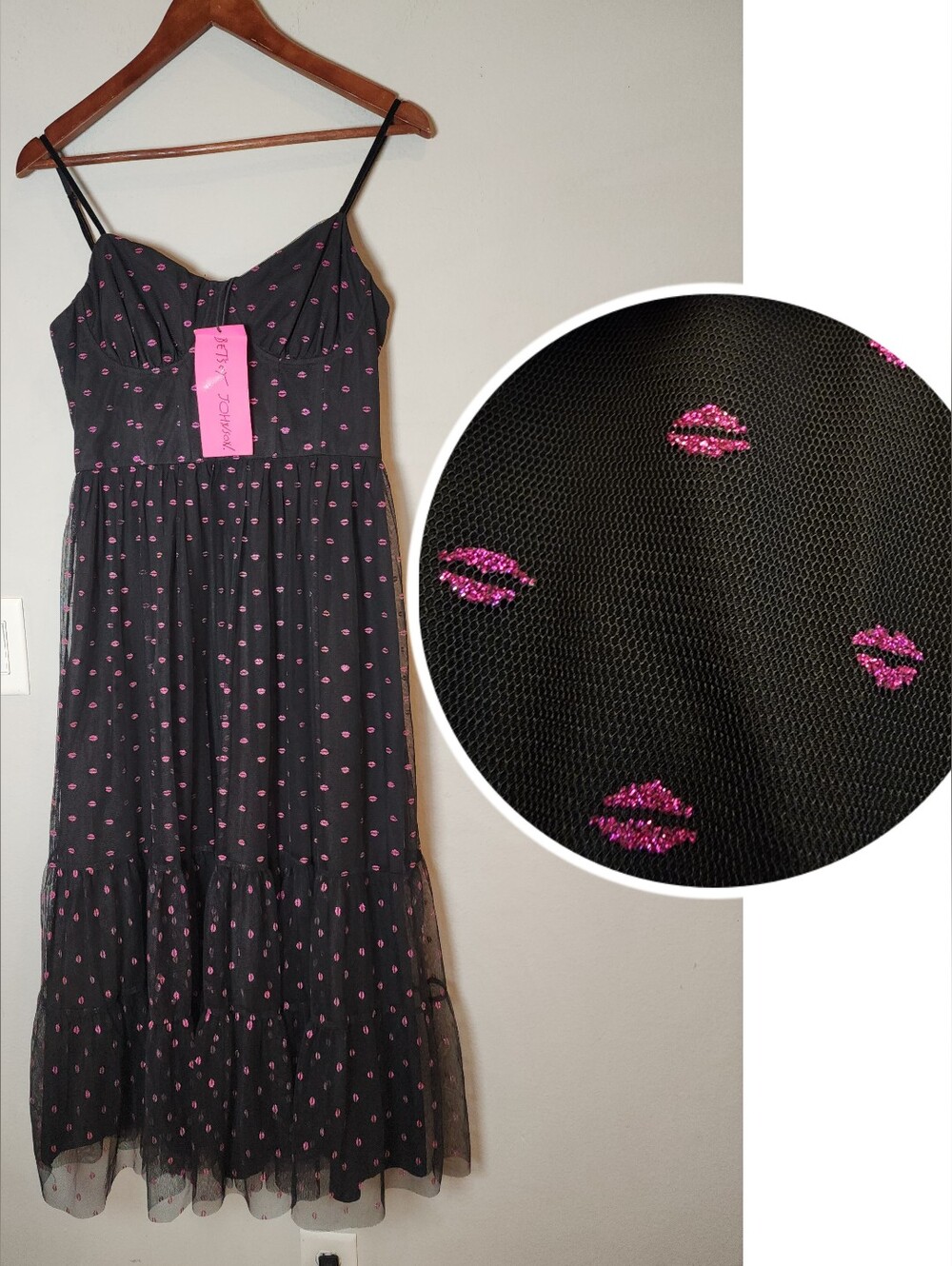 NWT Betsey Johnson Pink Glitter Lip Kisses Print Corset Midi Dress Black Mesh 10